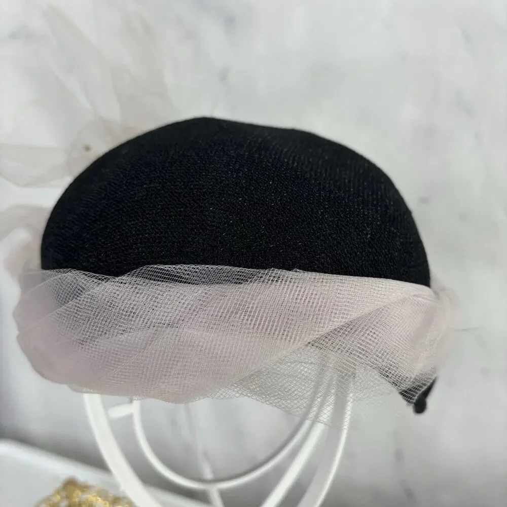 Vintage 1950s 60s Woven Cloche Hat Pink Tulle Bow Star Cocktail Fascinator MCM